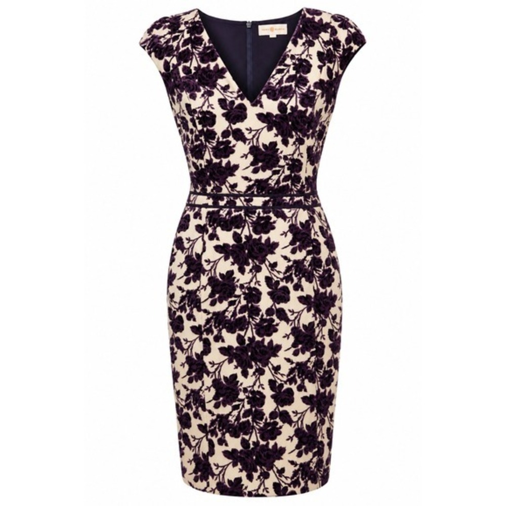 Tory Burch Size 12 Velvet Floral Sheath Dress Purple Black V-Neck
